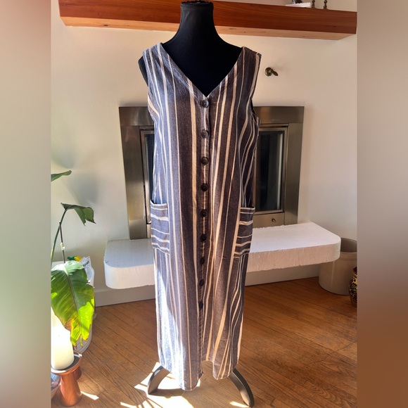 Mahina Blue and White Striped Button Up V - Neck Sleeveless Dress - Picture 1 of 8